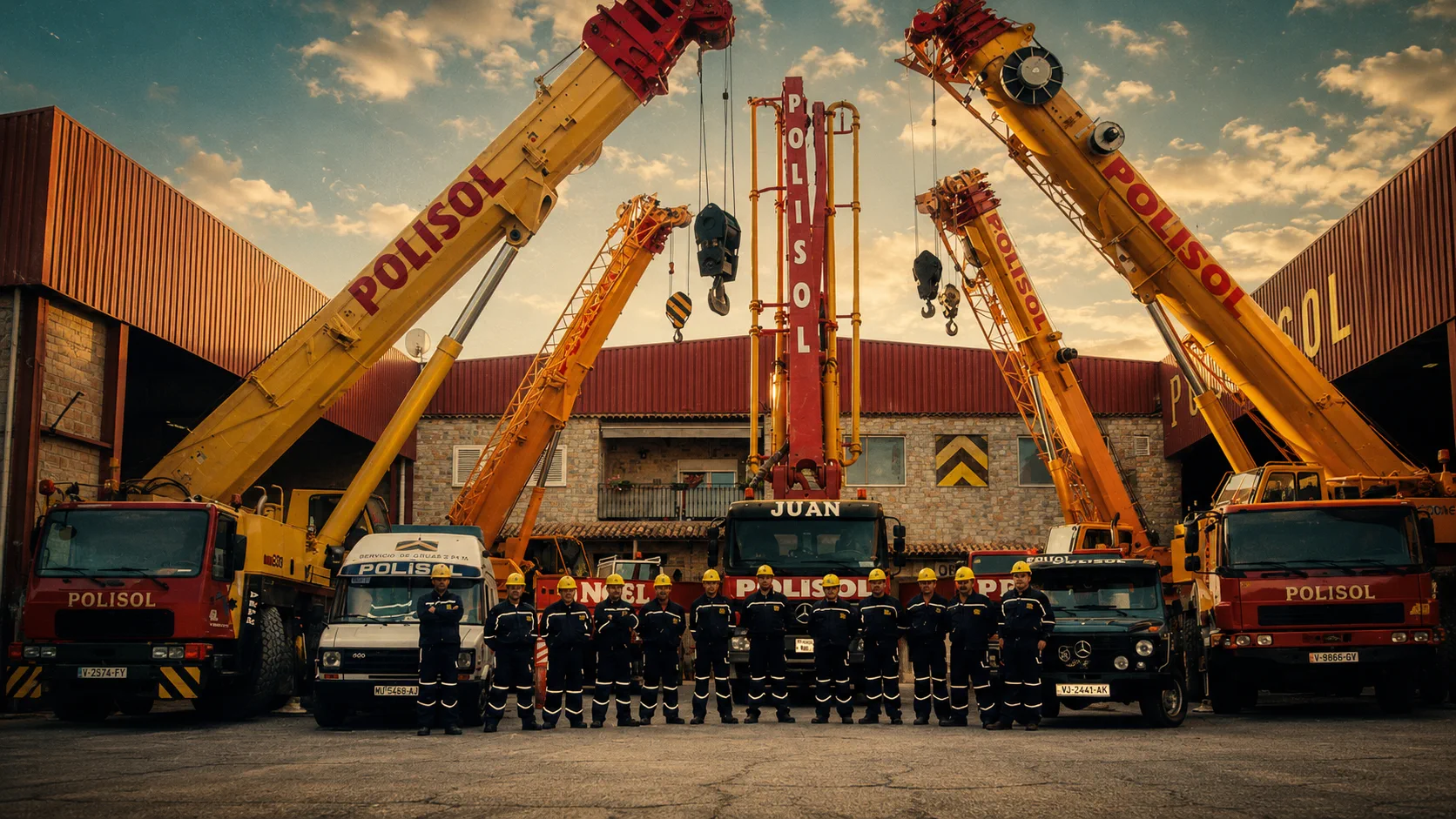 Equipo de Grúas Polisol: gruistas y operadores junto a la flota de grúas en Cartagena